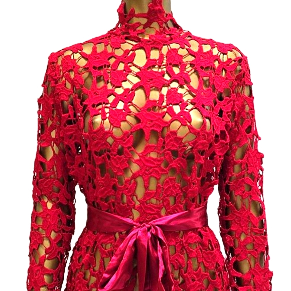 Laser Cut Red Crochet Sexy Cocktail Dress Long Sleeve Beetlejuice High Waist - Picture 2 of 11